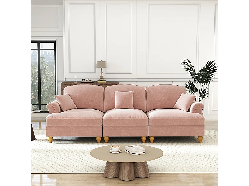 Canapé 3 places en tissu chenille rose - Avec soutien lombaire et jupe plissée amovible