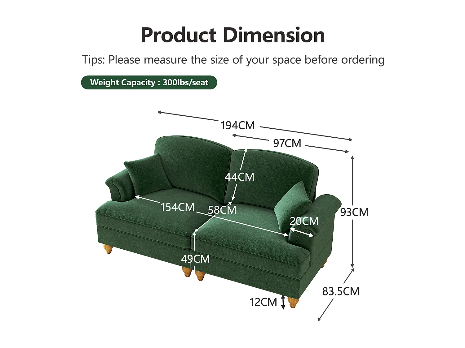 Canapé 2 places avec soutien lombaire et jupe plissée amovible - Tissu chenille - Vert