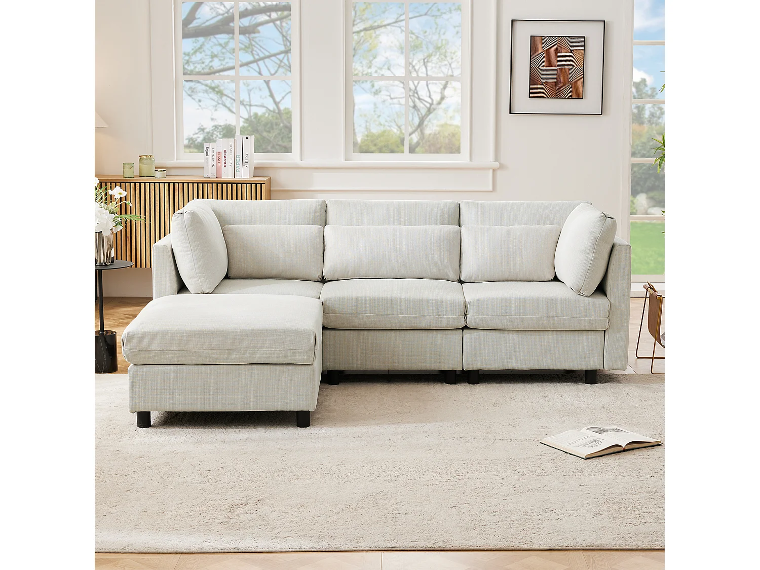 Canapé 3 places avec repose-pied et soutien lombaire -Tissu lin beige