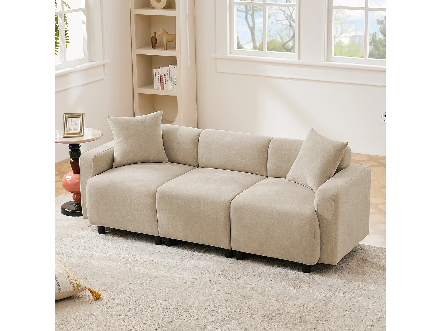 Moderne 3-zitsbank met lendensteun - Beige chenille stof