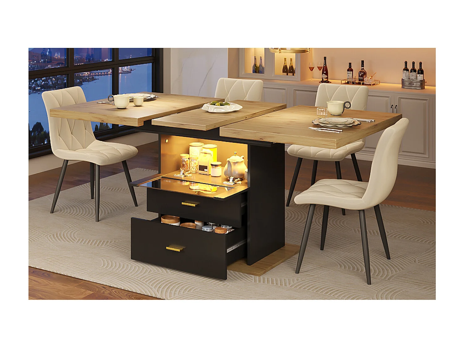 Table à manger extensible 4 à 6 personnes avec LED et 2 tiroirs - Bois MDF