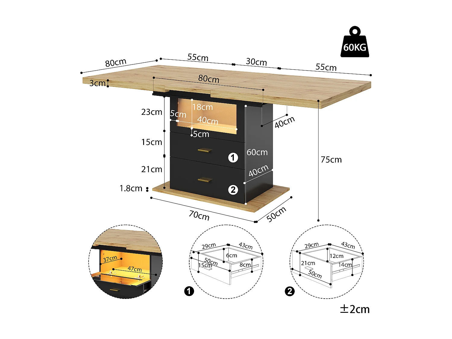 Table à manger extensible 4 à 6 personnes avec LED et 2 tiroirs - Bois MDF