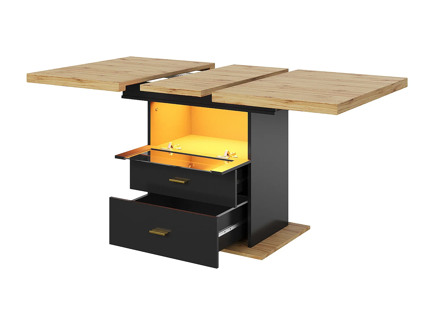 Table à manger extensible 4 à 6 personnes avec LED et 2 tiroirs - Bois MDF