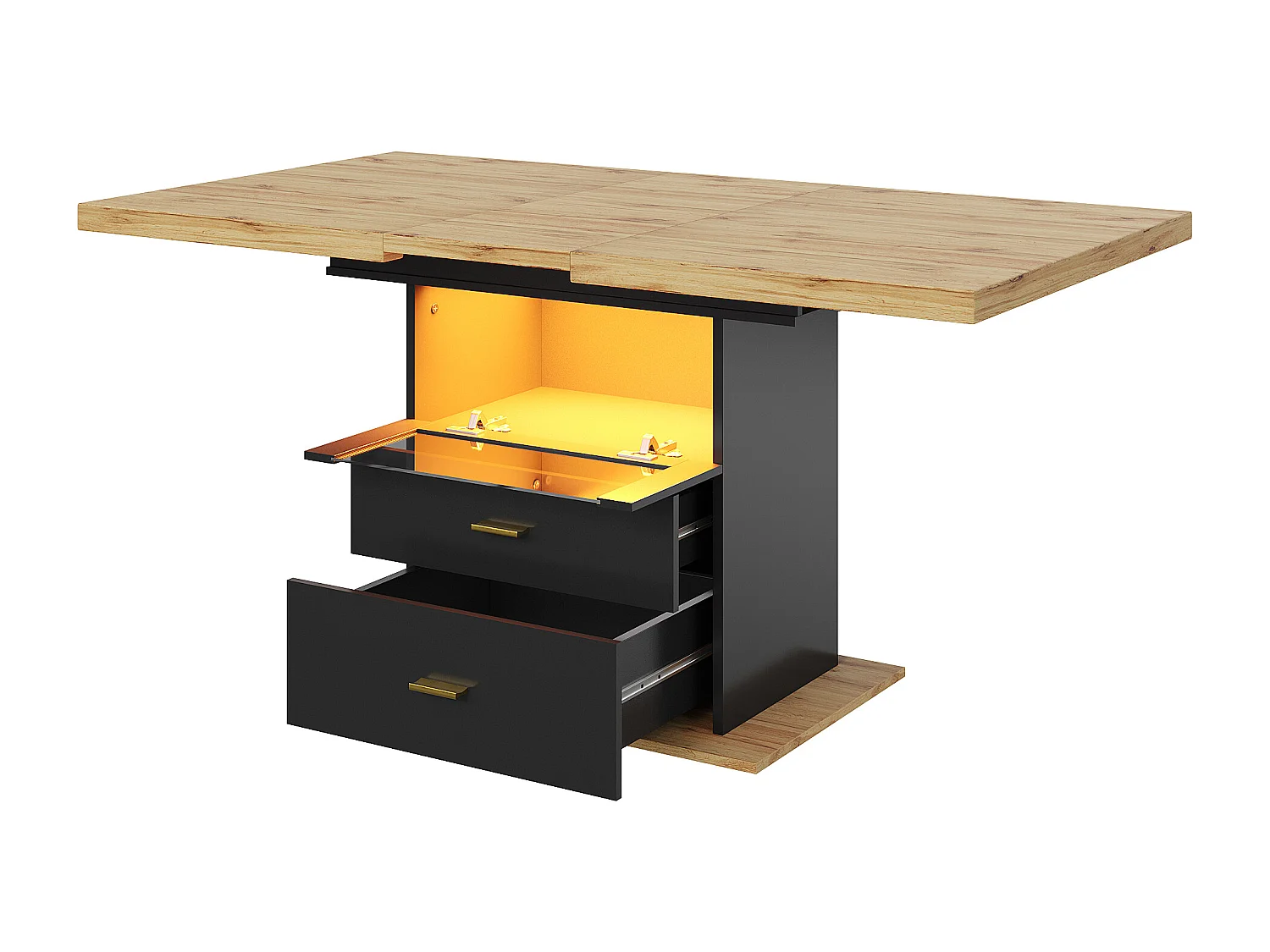 Table à manger extensible 4 à 6 personnes avec LED et 2 tiroirs - Bois MDF