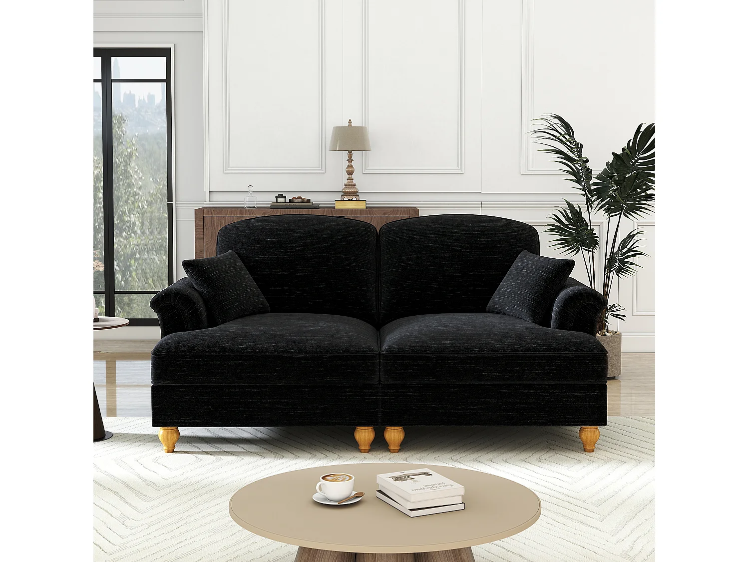 Canapé 2 places avec soutien lombaire et jupe plissée amovible - Tissu chenille -Noir