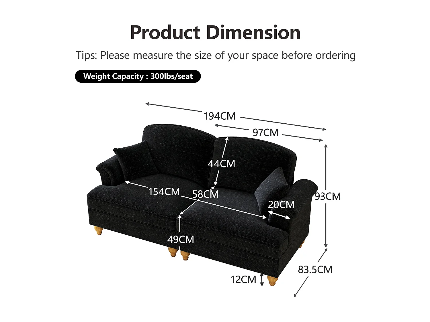 Canapé 2 places avec soutien lombaire et jupe plissée amovible - Tissu chenille -Noir