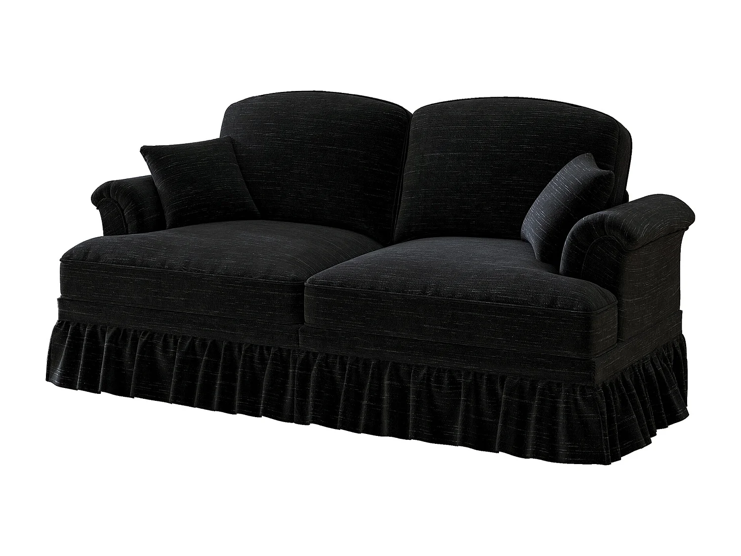 Canapé 2 places avec soutien lombaire et jupe plissée amovible - Tissu chenille -Noir