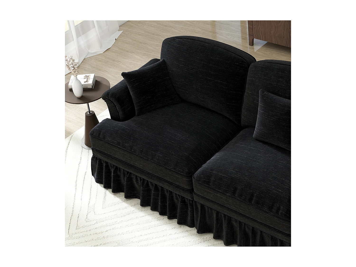 Canapé 2 places avec soutien lombaire et jupe plissée amovible - Tissu chenille -Noir