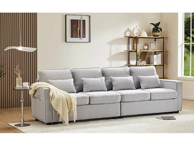 Canapé 4 places avec poches et 4 coussins - Tissu lin gris clair