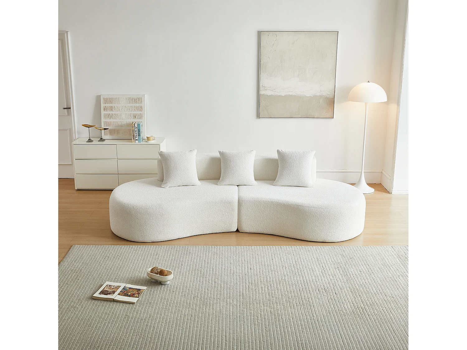 Divano angolare a 3 posti con cuscini - Design curvo - Tessuto in velluto bianco