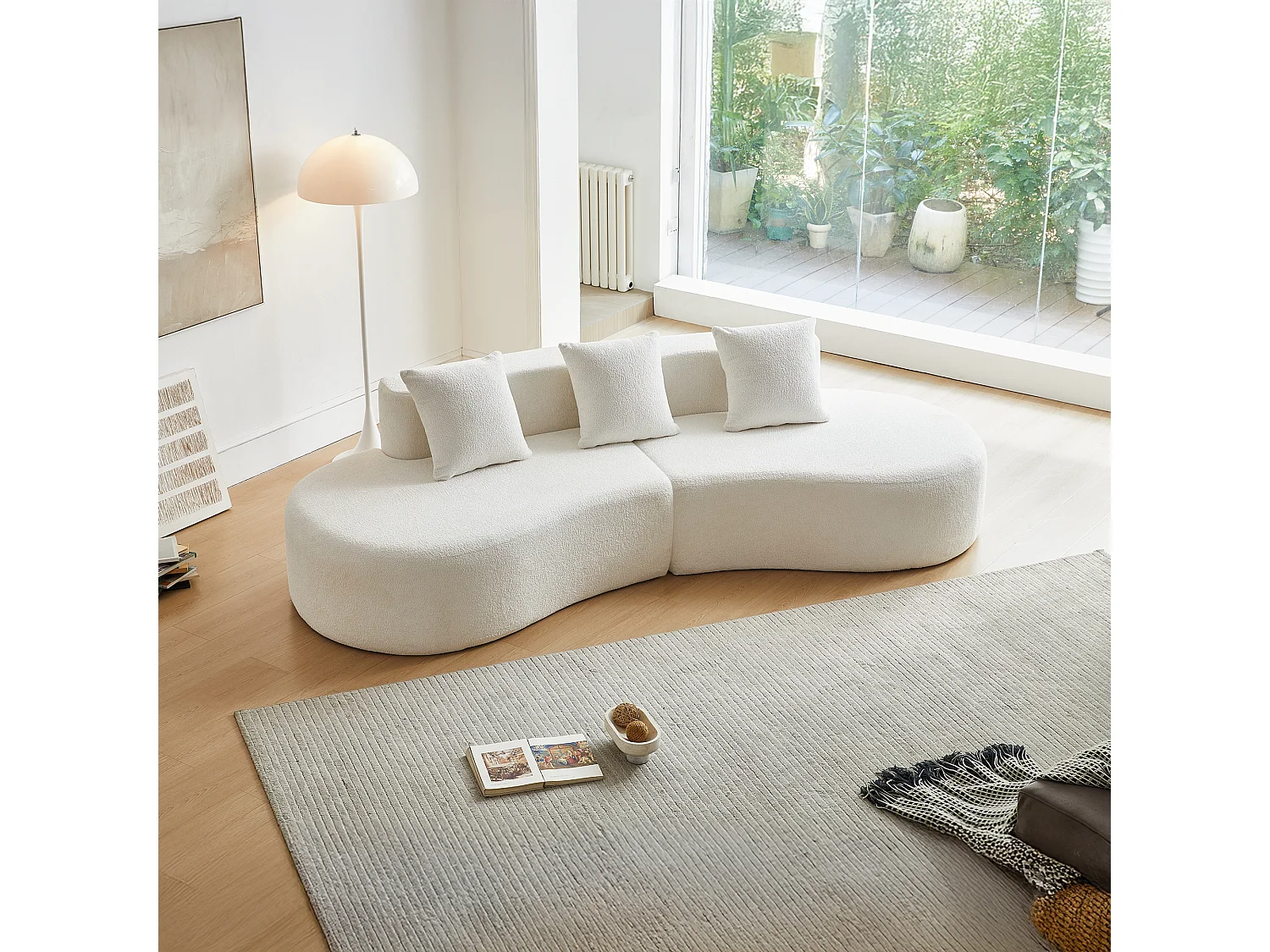 Divano angolare a 3 posti con cuscini - Design curvo - Tessuto in velluto bianco