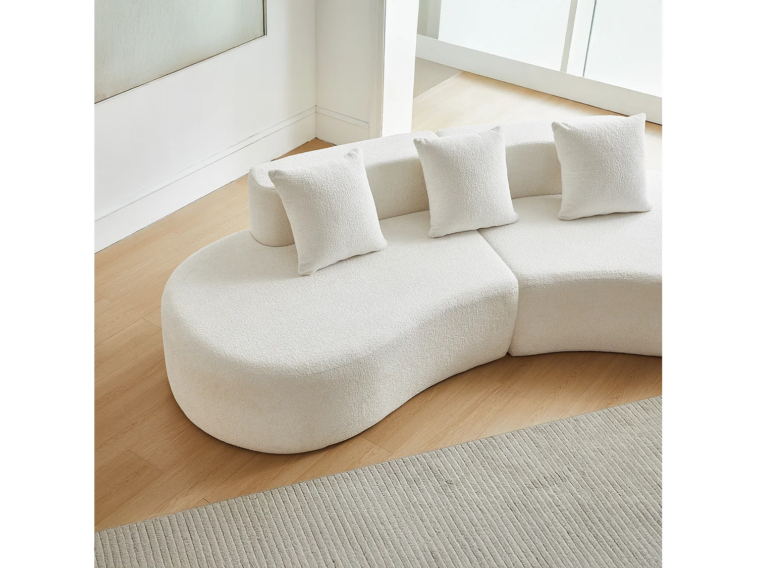 Divano angolare a 3 posti con cuscini - Design curvo - Tessuto in velluto bianco