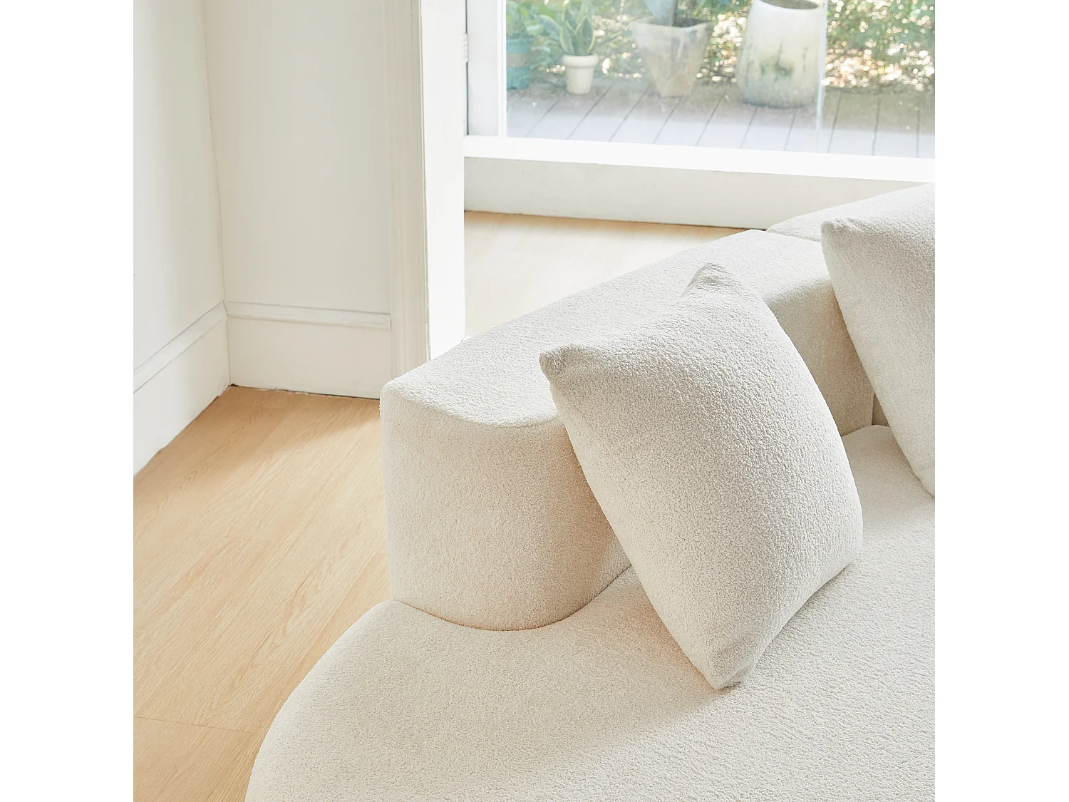 Divano angolare a 3 posti con cuscini - Design curvo - Tessuto in velluto bianco