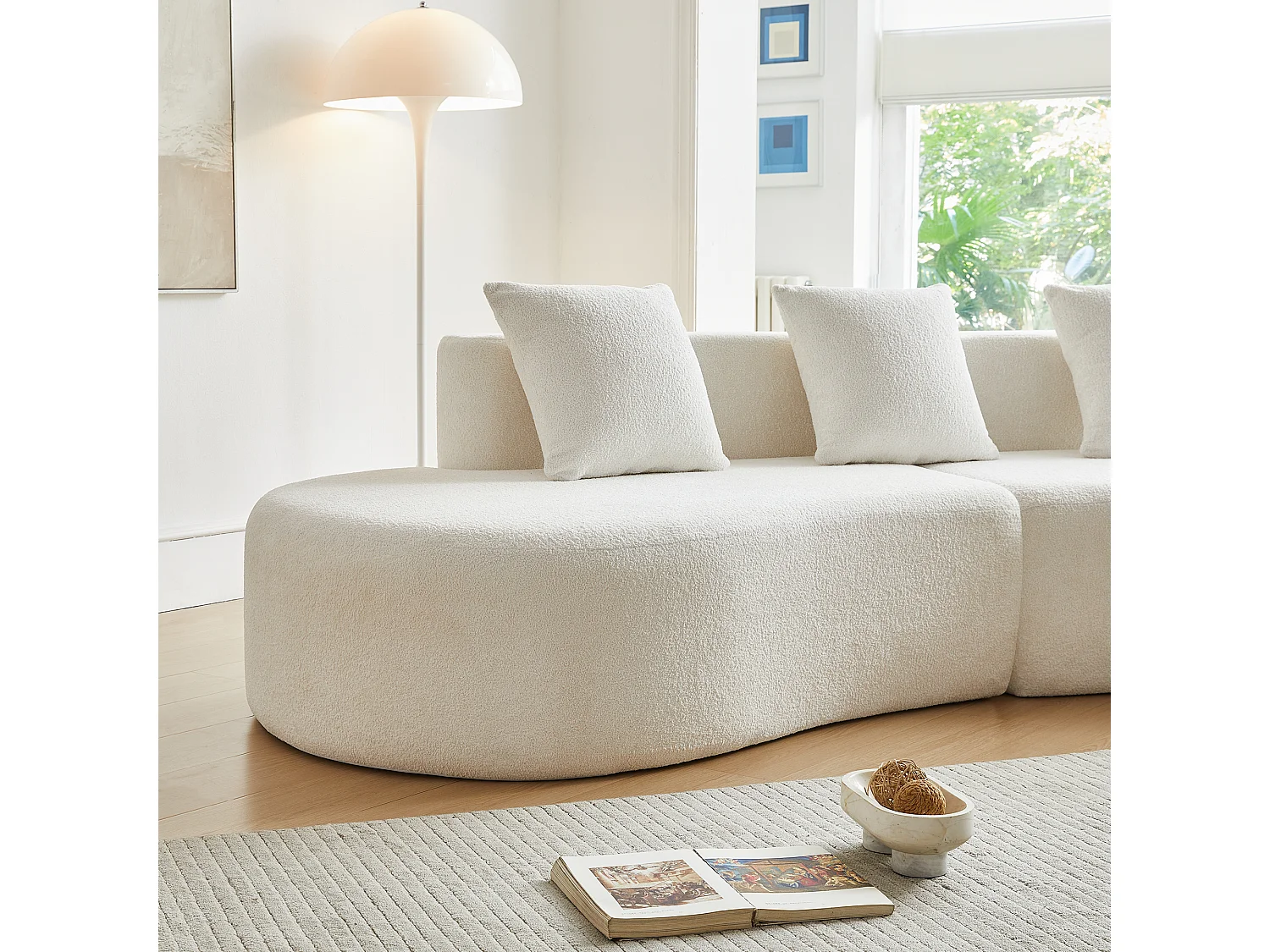 Divano angolare a 3 posti con cuscini - Design curvo - Tessuto in velluto bianco