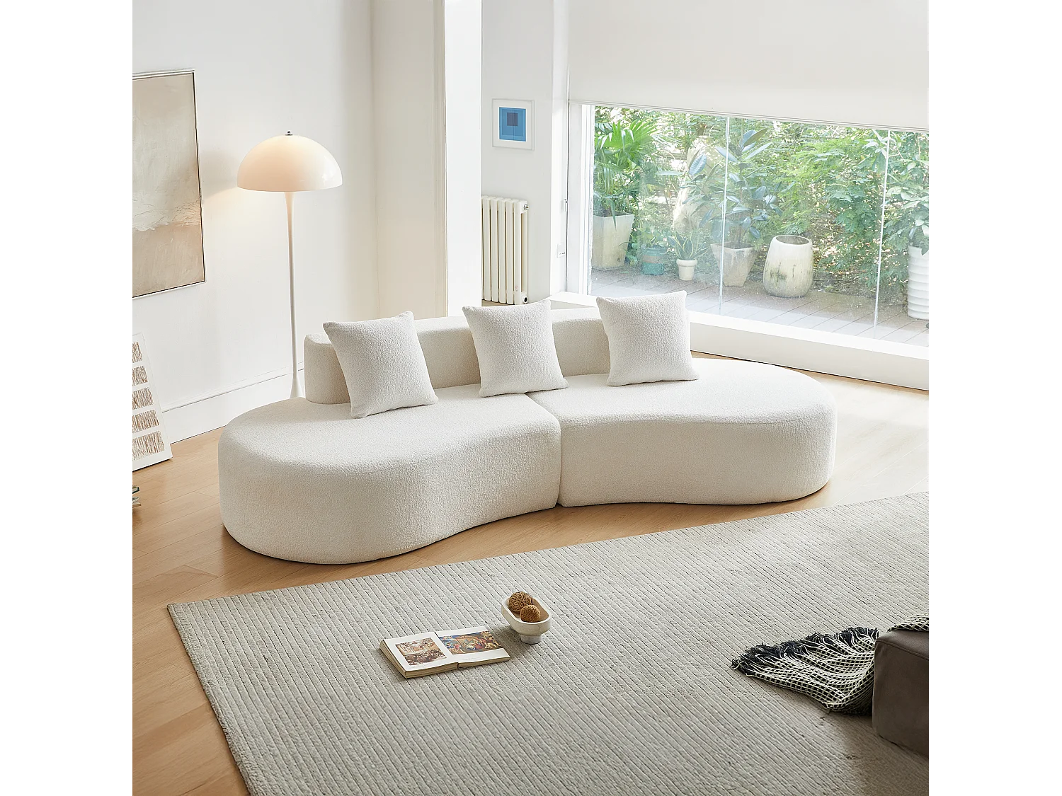 Sofá esquinero de 3 plazas con cojines - Diseño curvo - Tejido de terciopelo blanco