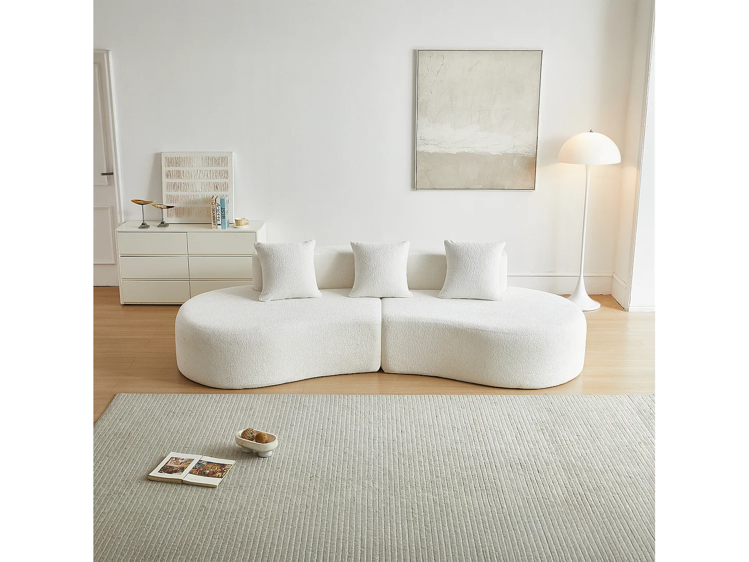 Sofá esquinero de 3 plazas con cojines - Diseño curvo - Tejido de terciopelo blanco