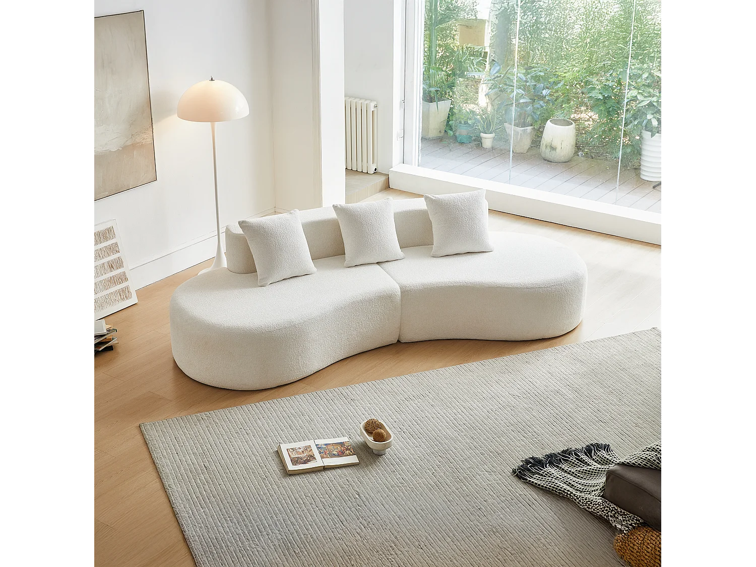 Sofá esquinero de 3 plazas con cojines - Diseño curvo - Tejido de terciopelo blanco