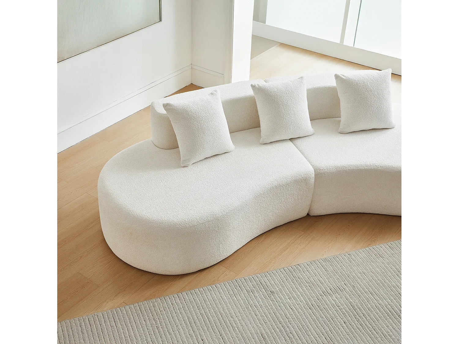 Sofá esquinero de 3 plazas con cojines - Diseño curvo - Tejido de terciopelo blanco