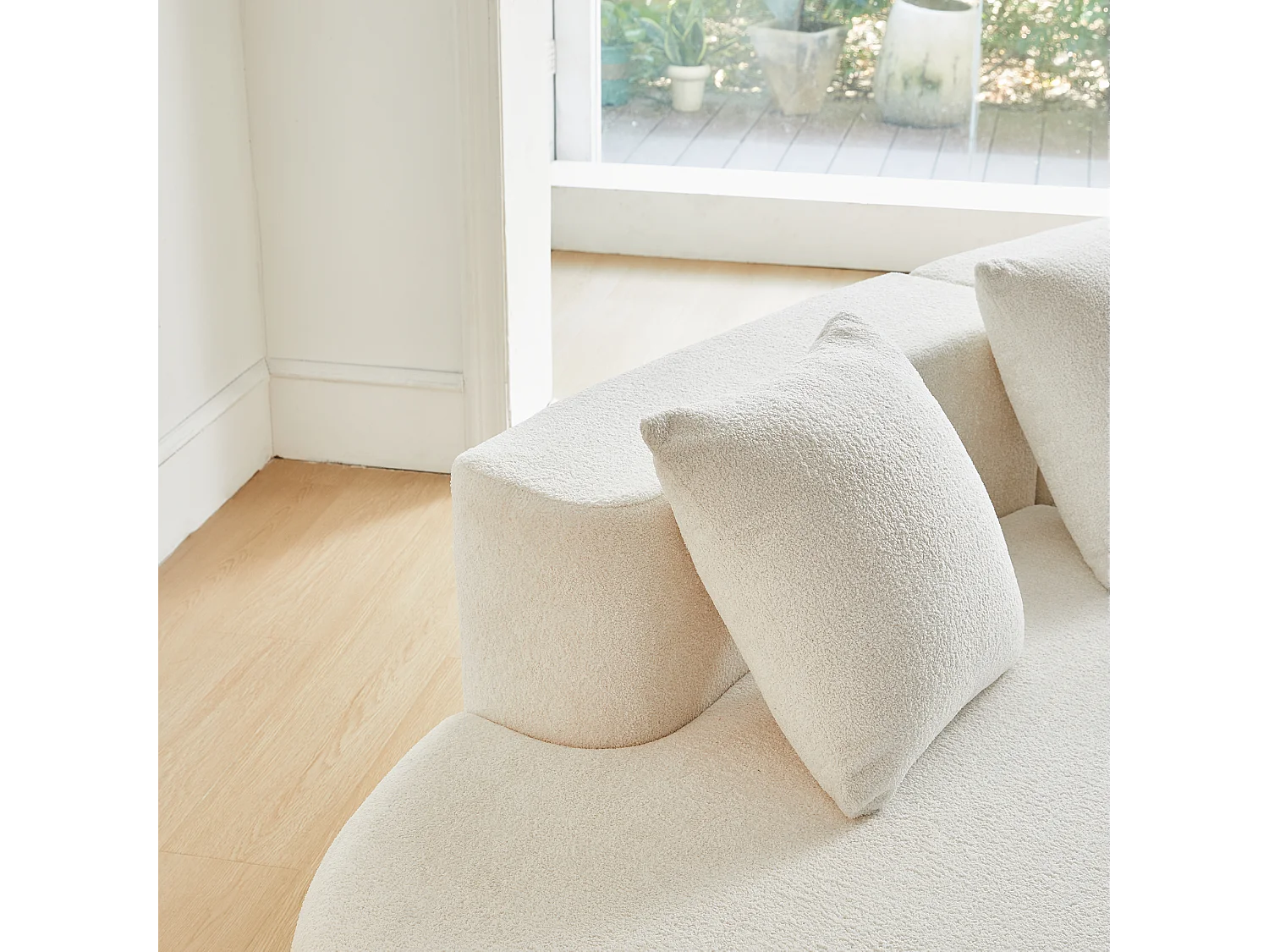 Sofá esquinero de 3 plazas con cojines - Diseño curvo - Tejido de terciopelo blanco