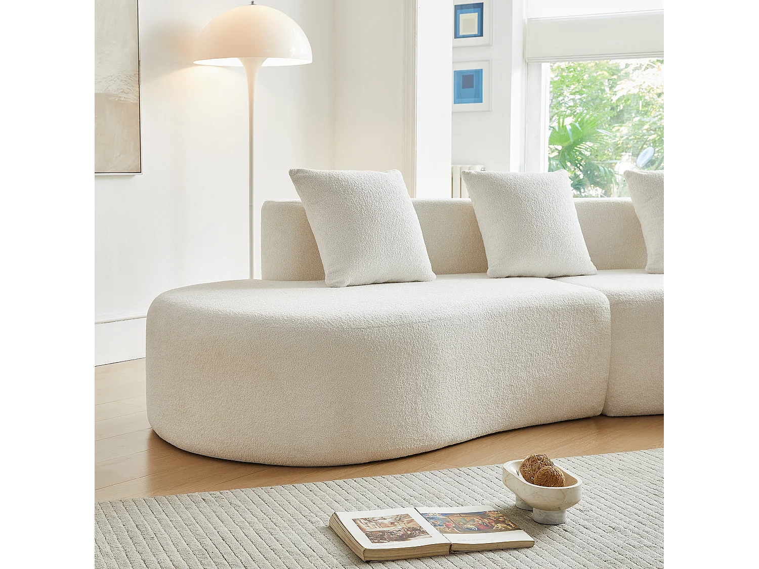 Sofá esquinero de 3 plazas con cojines - Diseño curvo - Tejido de terciopelo blanco