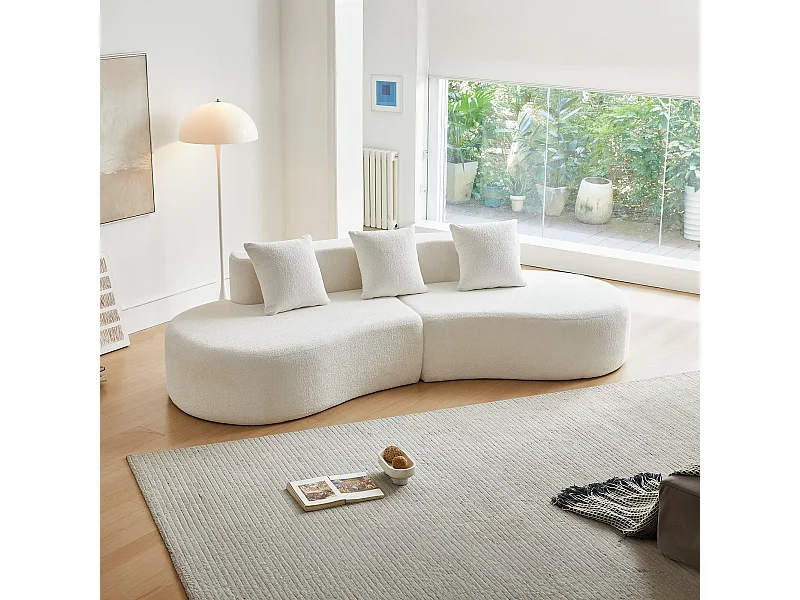 Canapé d'angle 3 places avec coussins - Design incurvé - Tissu velours blanc