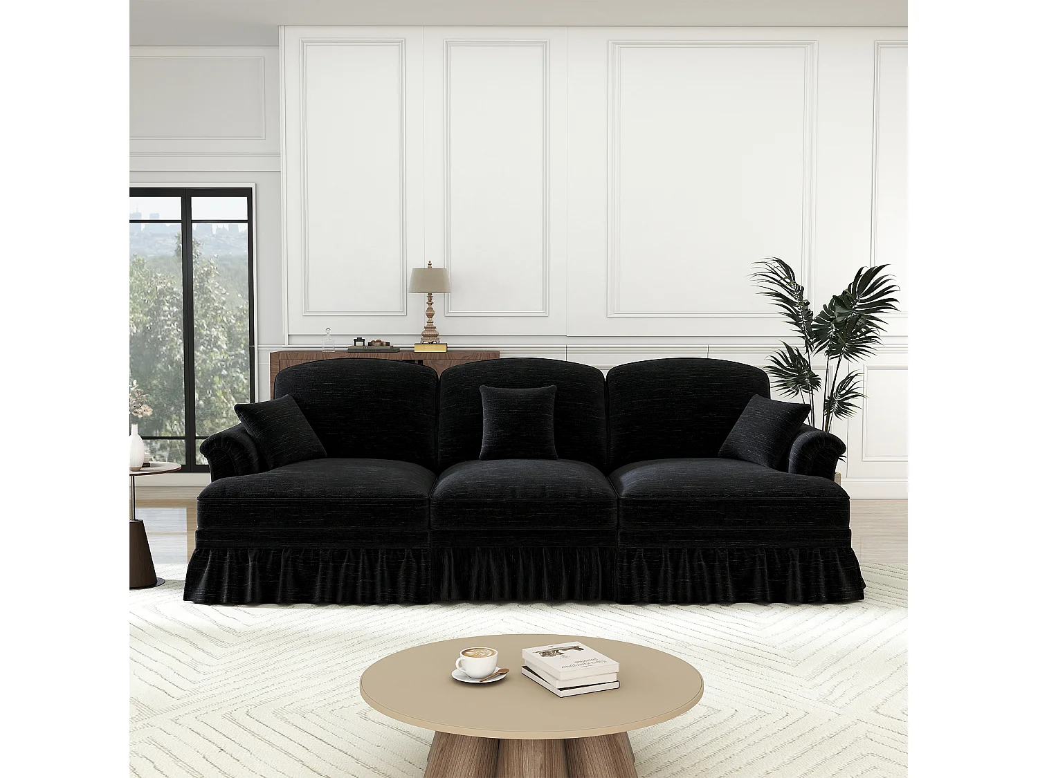 Canapé 3 places en tissu chenille noir - Avec soutien lombaire et jupe plissée amovible