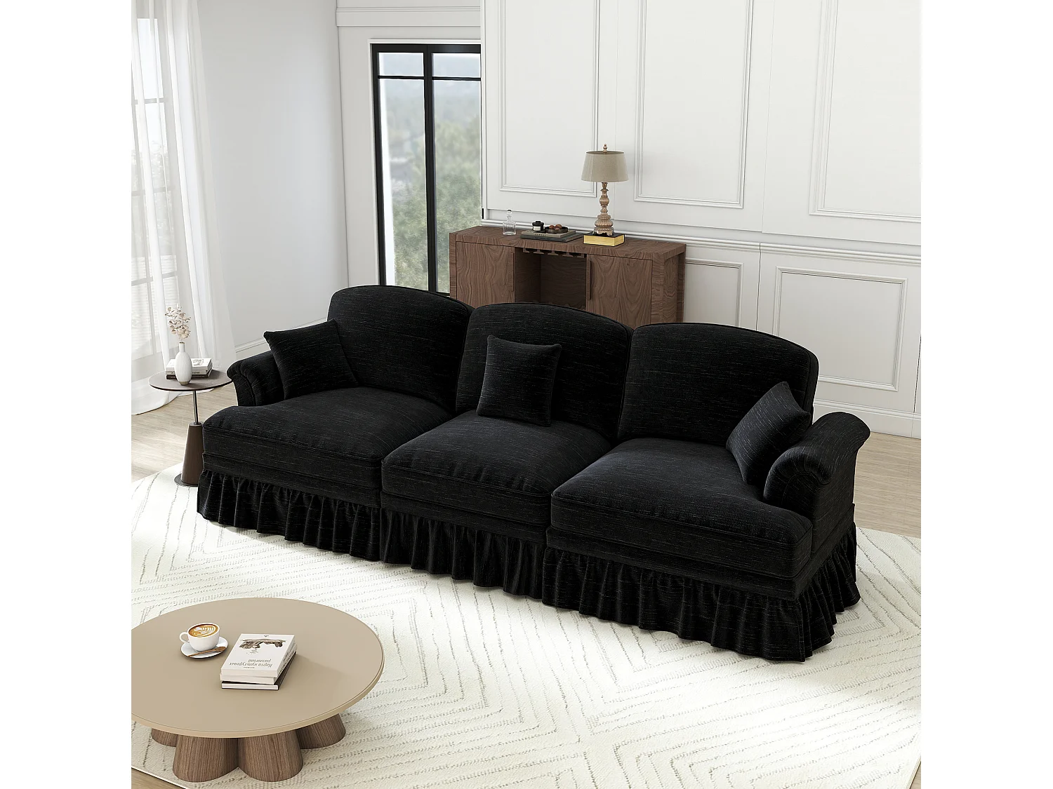 Canapé 3 places en tissu chenille noir - Avec soutien lombaire et jupe plissée amovible