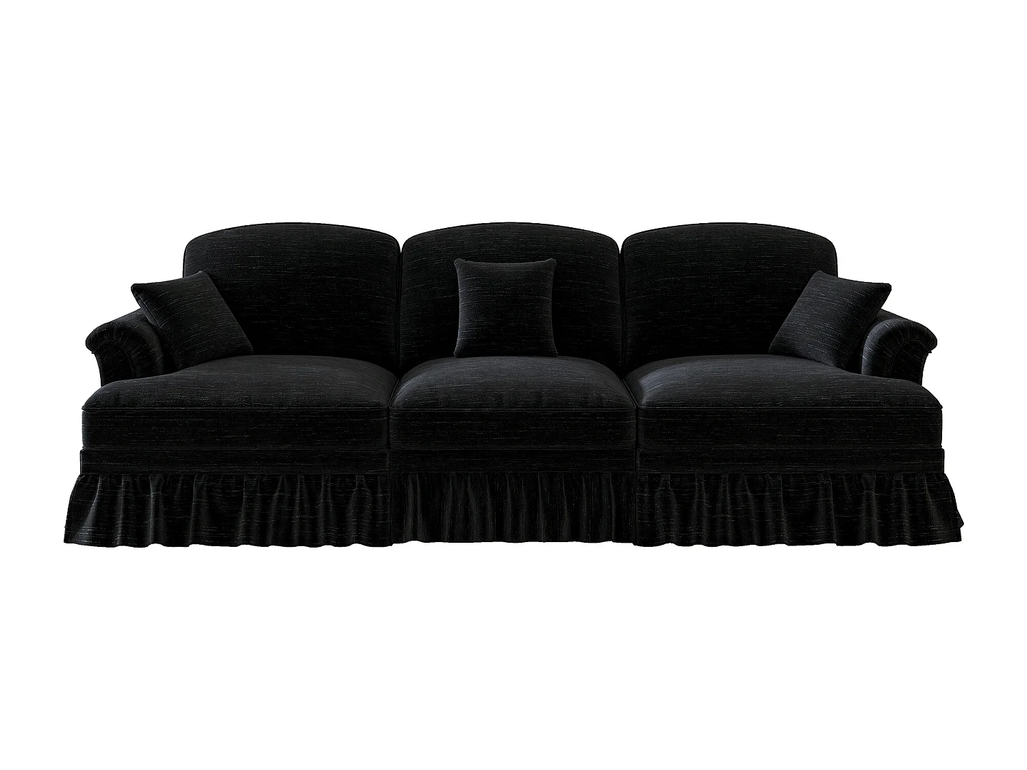 Canapé 3 places en tissu chenille noir - Avec soutien lombaire et jupe plissée amovible