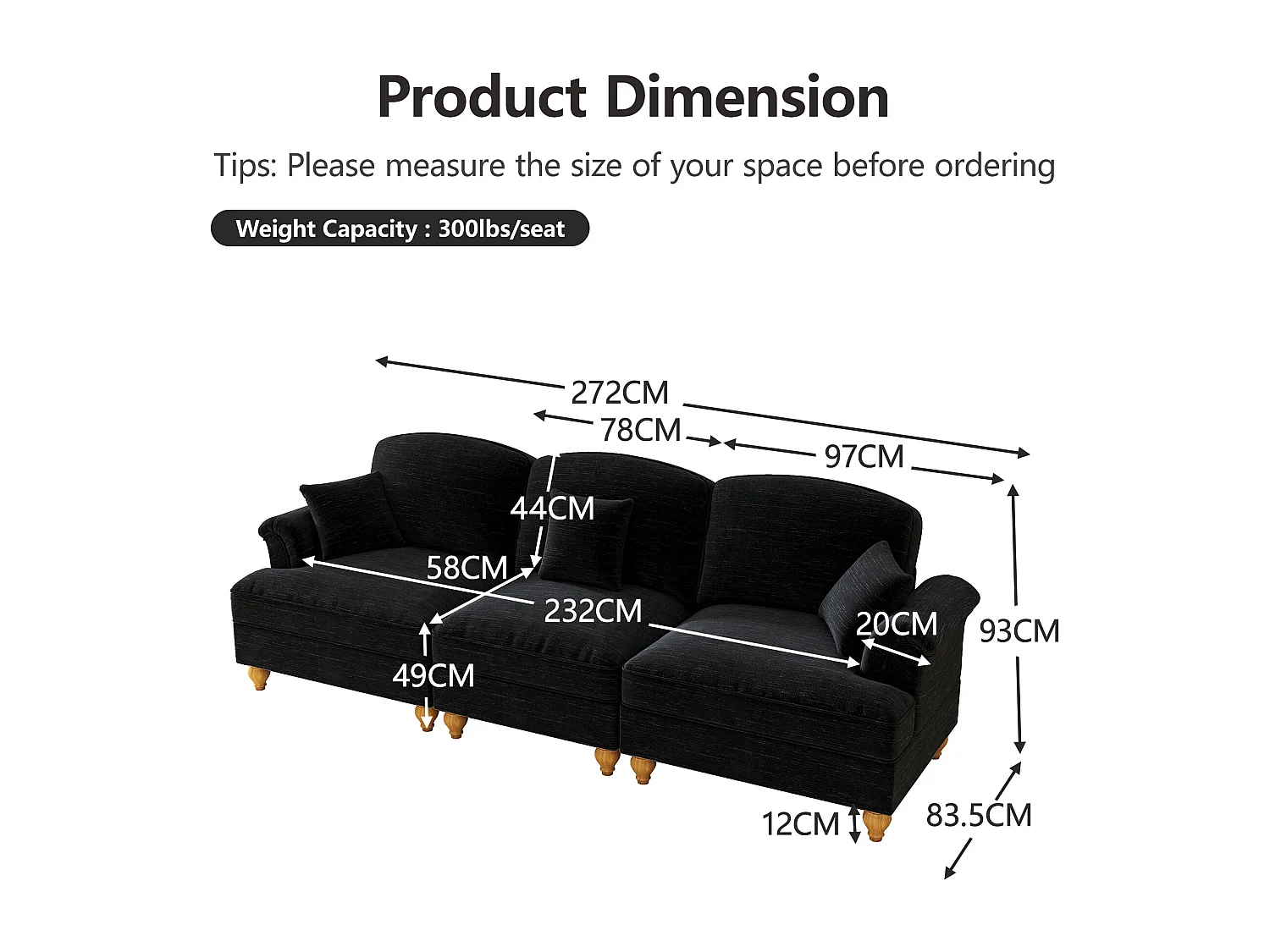 Canapé 3 places en tissu chenille noir - Avec soutien lombaire et jupe plissée amovible