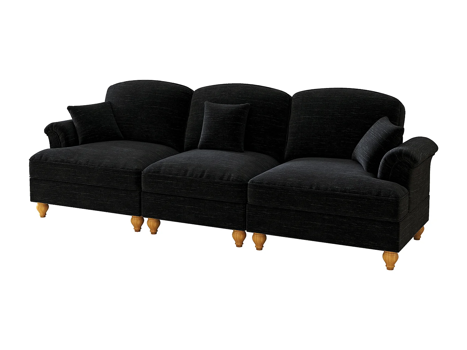 Canapé 3 places en tissu chenille noir - Avec soutien lombaire et jupe plissée amovible