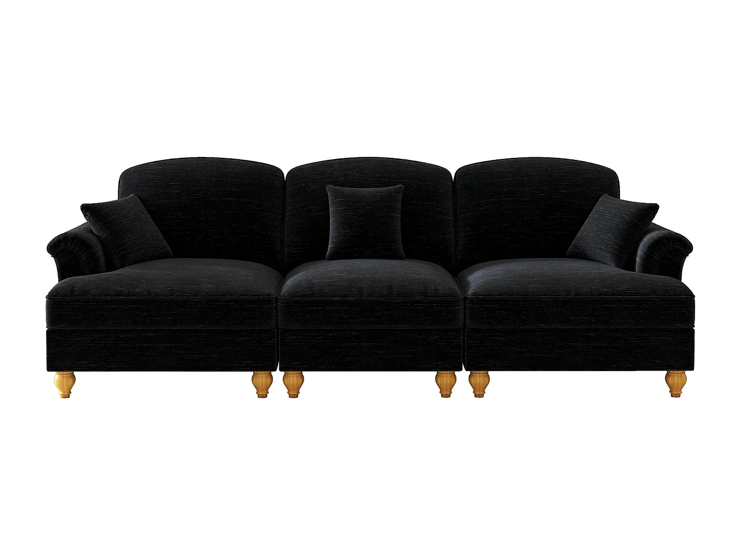 Canapé 3 places en tissu chenille noir - Avec soutien lombaire et jupe plissée amovible