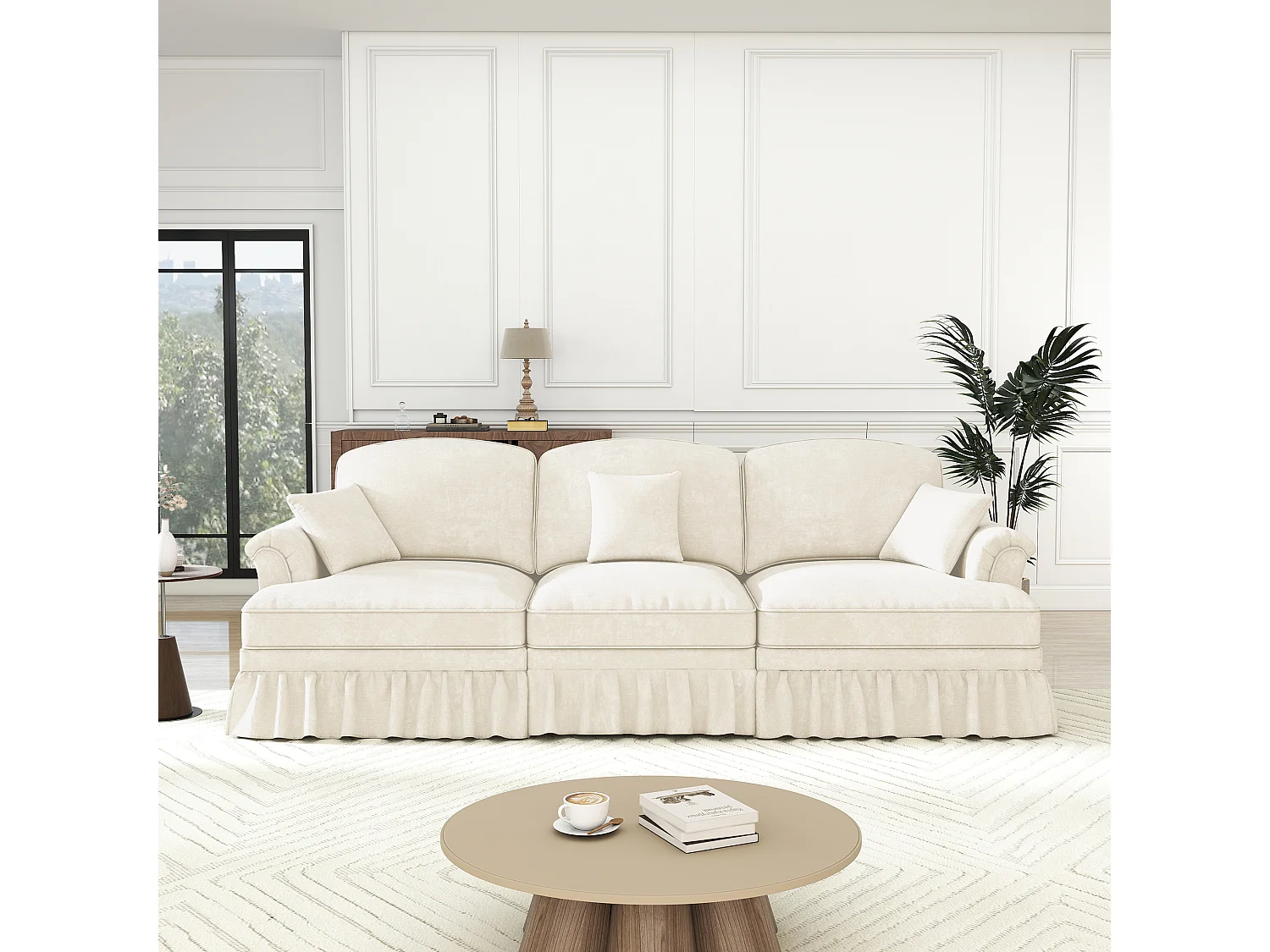 Canapé 3 places en tissu chenille blanc - Avec soutien lombaire et jupe plissée amovible