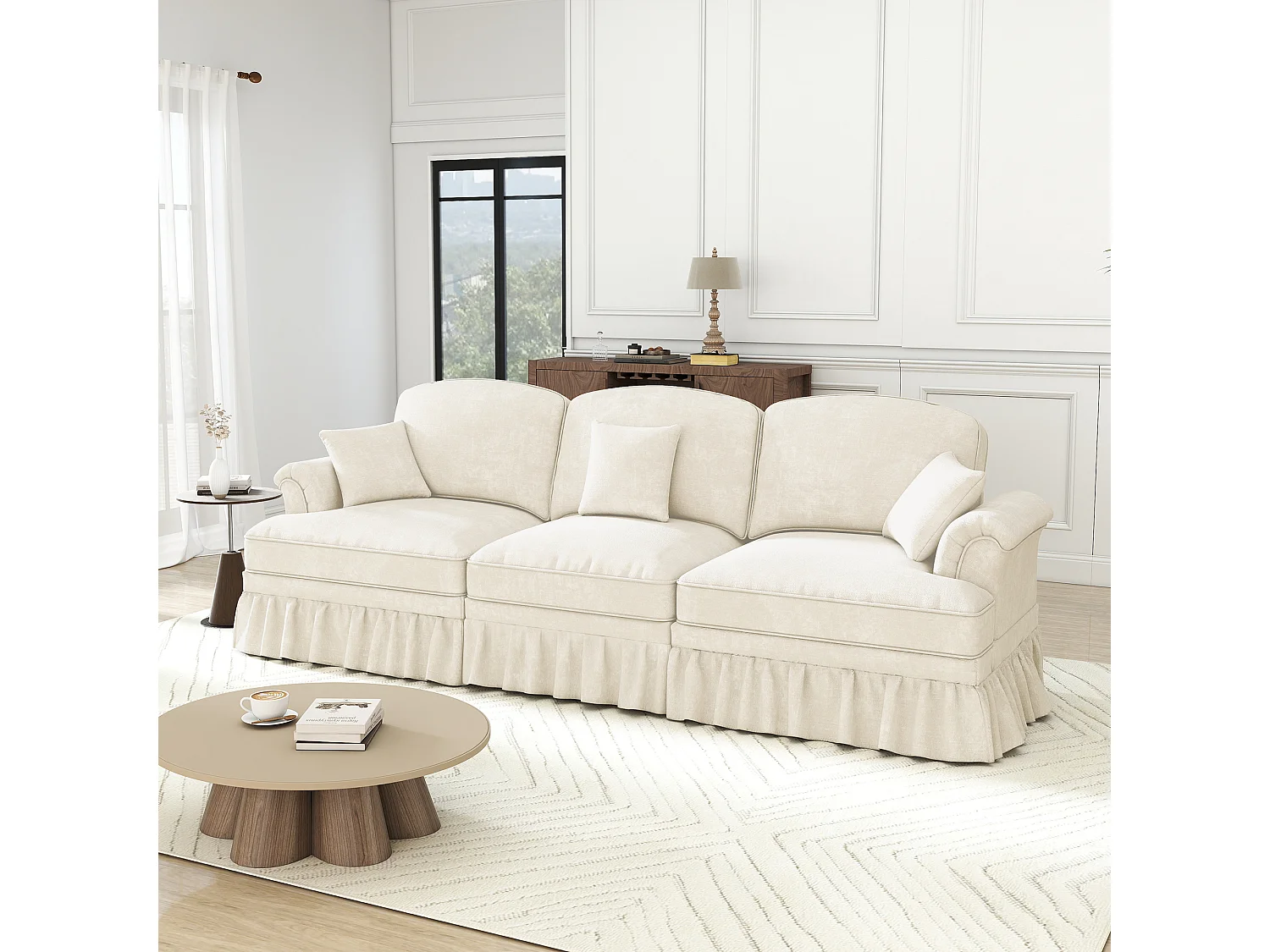 Canapé 3 places en tissu chenille blanc - Avec soutien lombaire et jupe plissée amovible