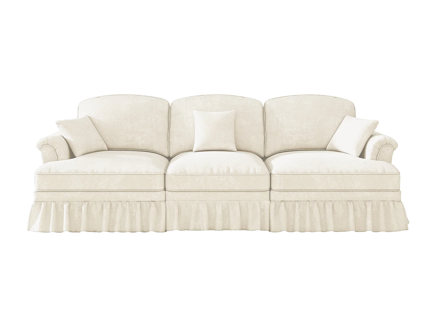 Canapé 3 places en tissu chenille blanc - Avec soutien lombaire et jupe plissée amovible