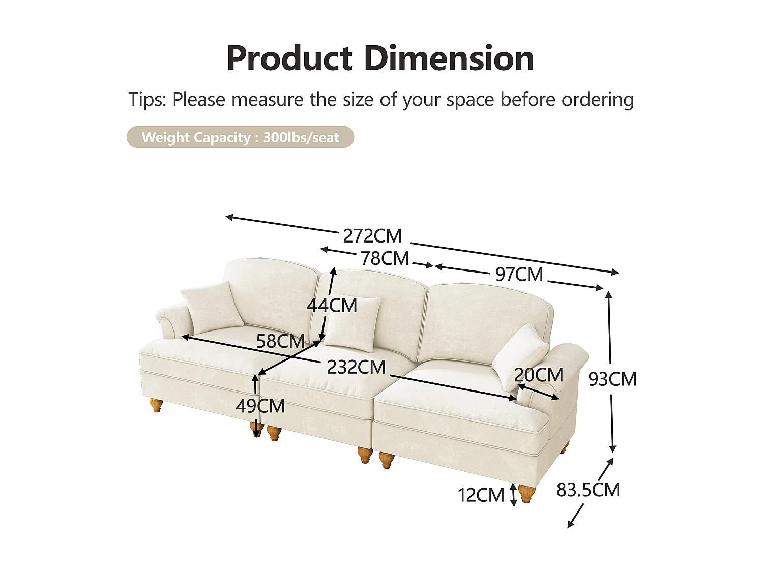 Canapé 3 places en tissu chenille blanc - Avec soutien lombaire et jupe plissée amovible