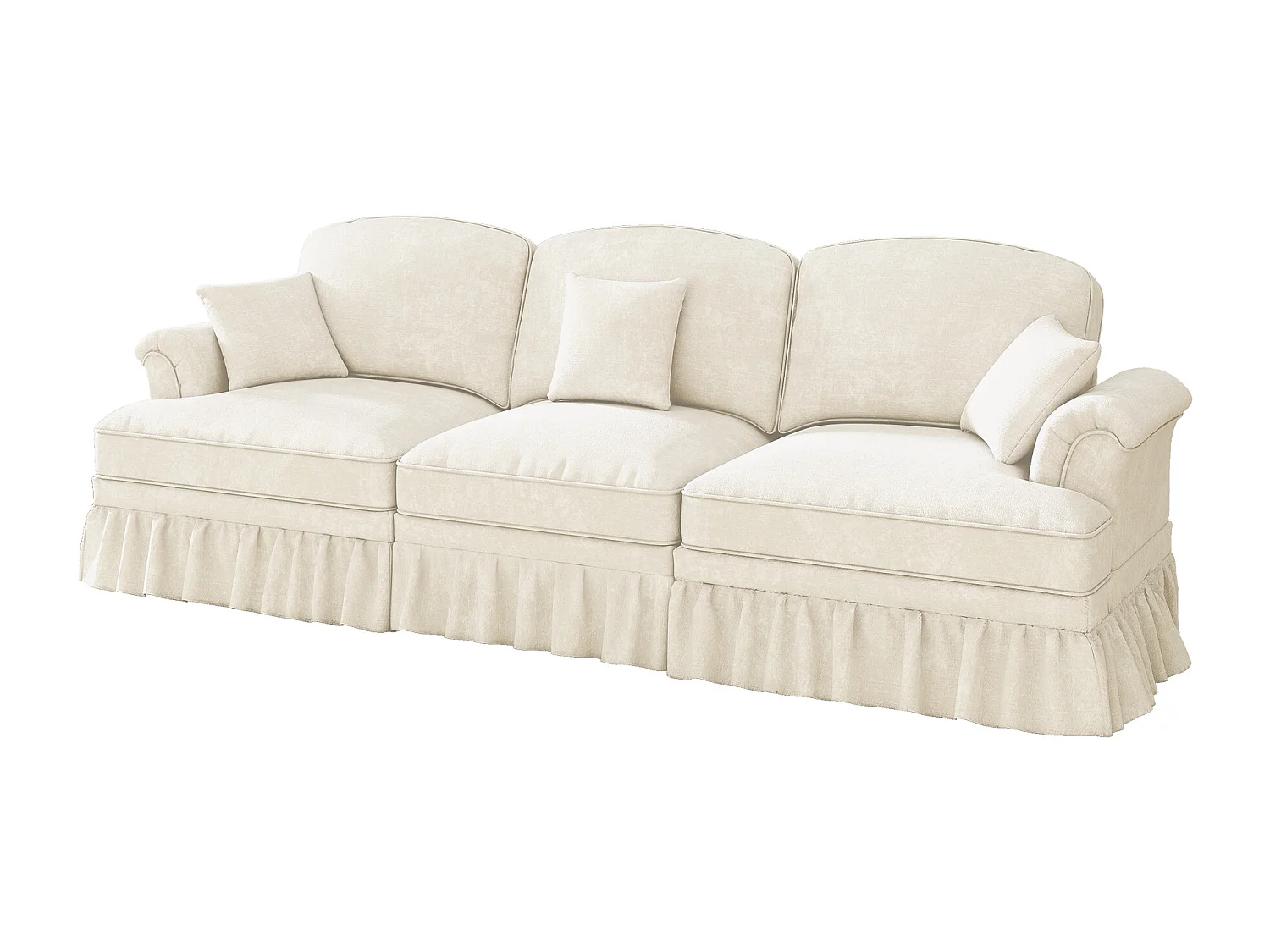 Canapé 3 places en tissu chenille blanc - Avec soutien lombaire et jupe plissée amovible