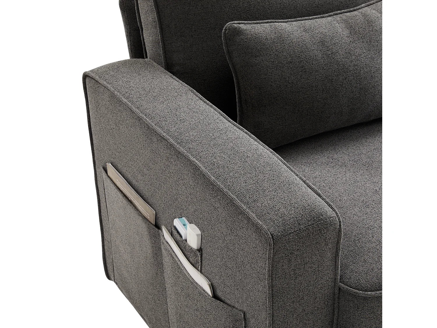 Canapé 4 places avec poches et 4 coussins - Tissu lin gris foncé