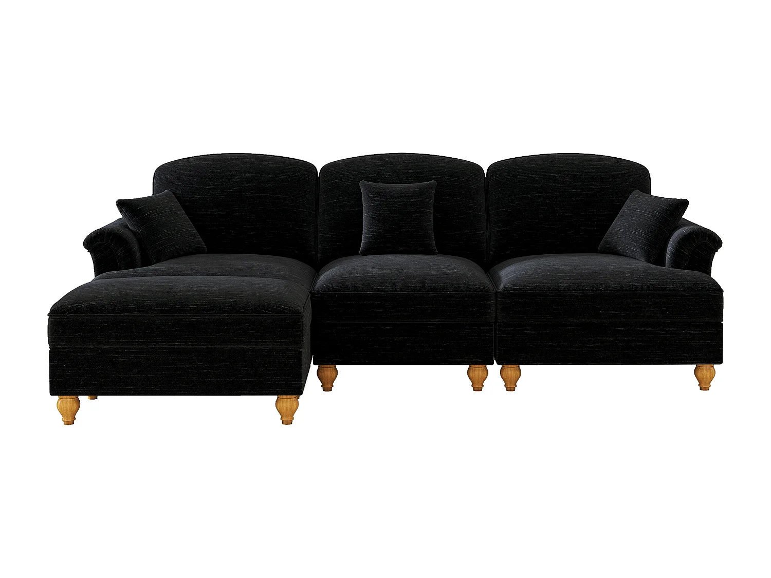 Canapé 3 places noir avec soutien lombaire - Repose-pieds mobile - Tissu chenille