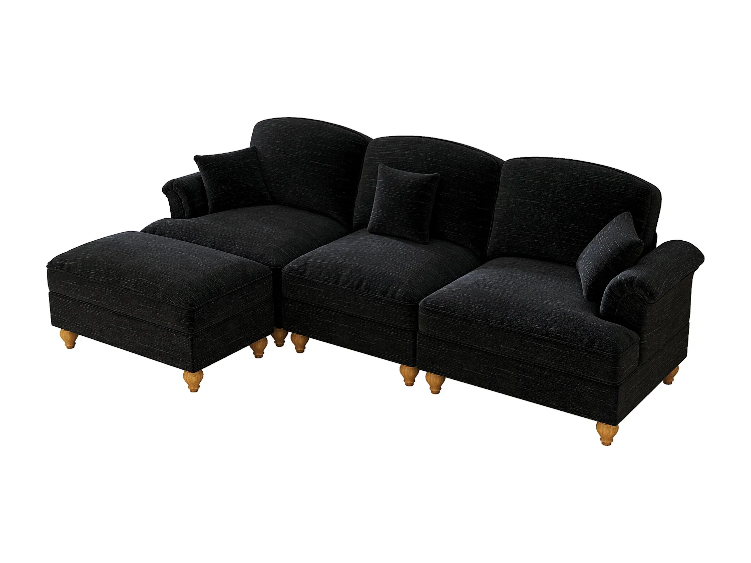 Canapé 3 places noir avec soutien lombaire - Repose-pieds mobile - Tissu chenille