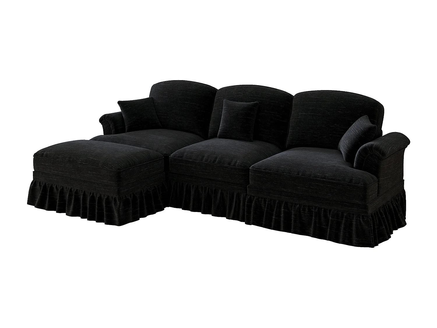 Canapé 3 places noir avec soutien lombaire - Repose-pieds mobile - Tissu chenille