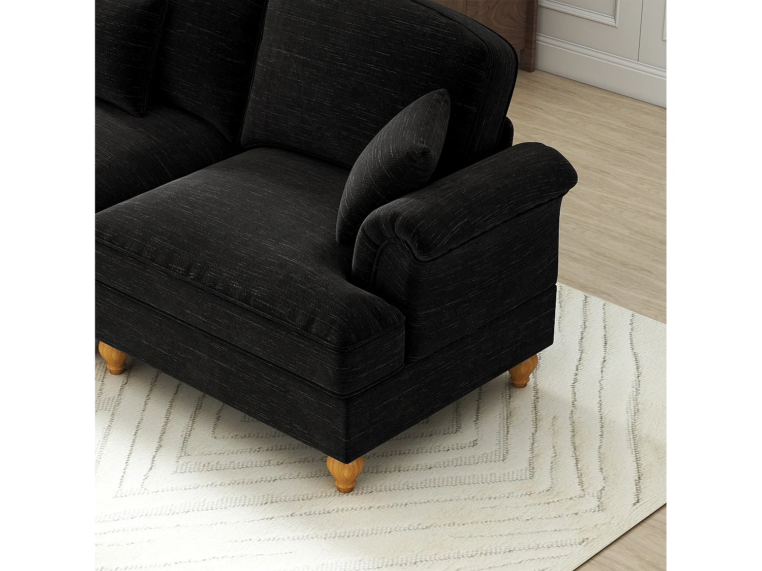 Canapé 3 places noir avec soutien lombaire - Repose-pieds mobile - Tissu chenille