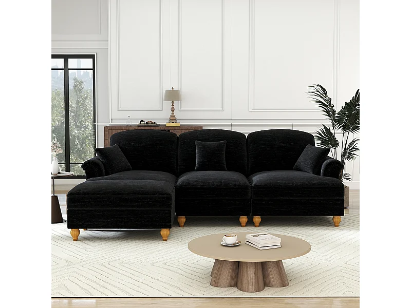 Canapé 3 places noir avec soutien lombaire - Repose-pieds mobile - Tissu chenille