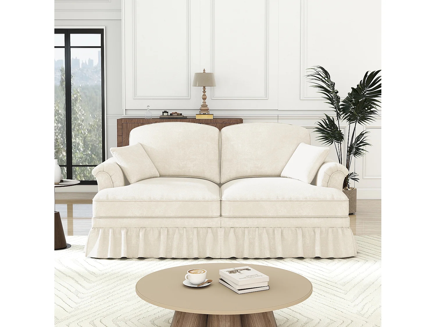 Canapé 2 places avec soutien lombaire et jupe plissée amovible - Tissu chenille - Blanc