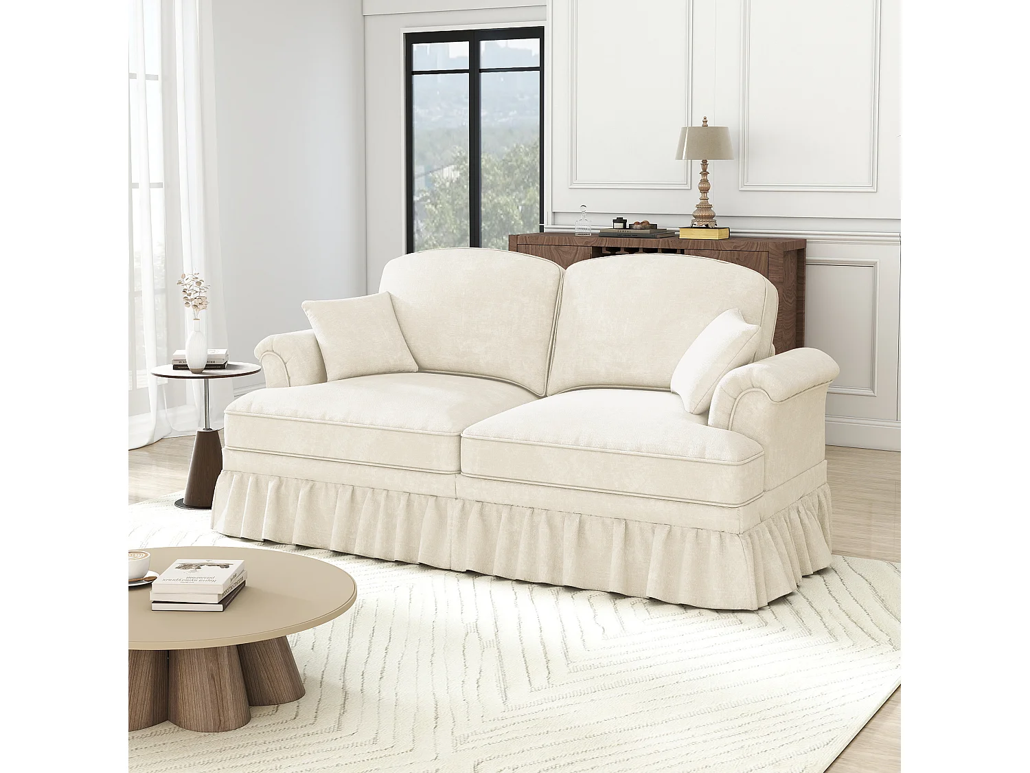 Canapé 2 places avec soutien lombaire et jupe plissée amovible - Tissu chenille - Blanc