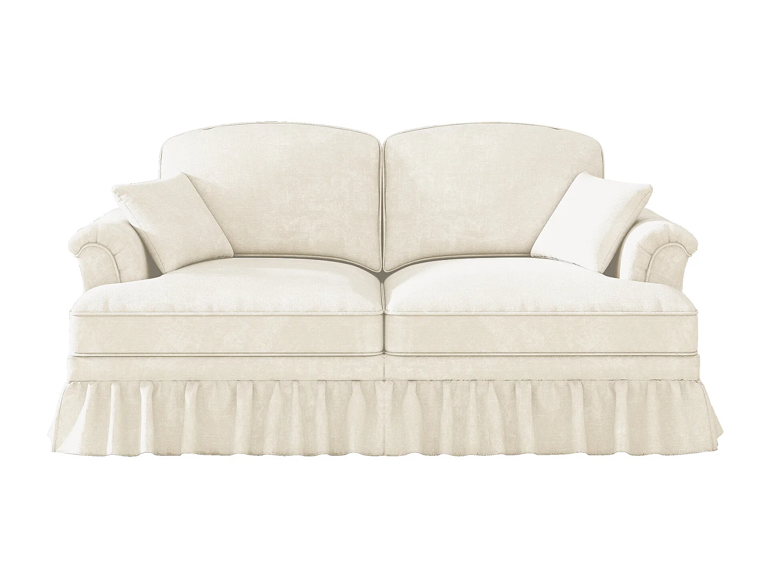 Canapé 2 places avec soutien lombaire et jupe plissée amovible - Tissu chenille - Blanc