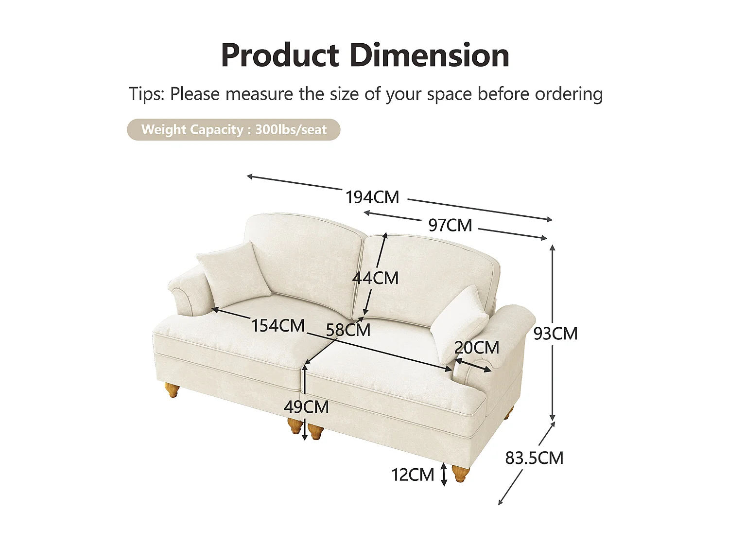 Canapé 2 places avec soutien lombaire et jupe plissée amovible - Tissu chenille - Blanc