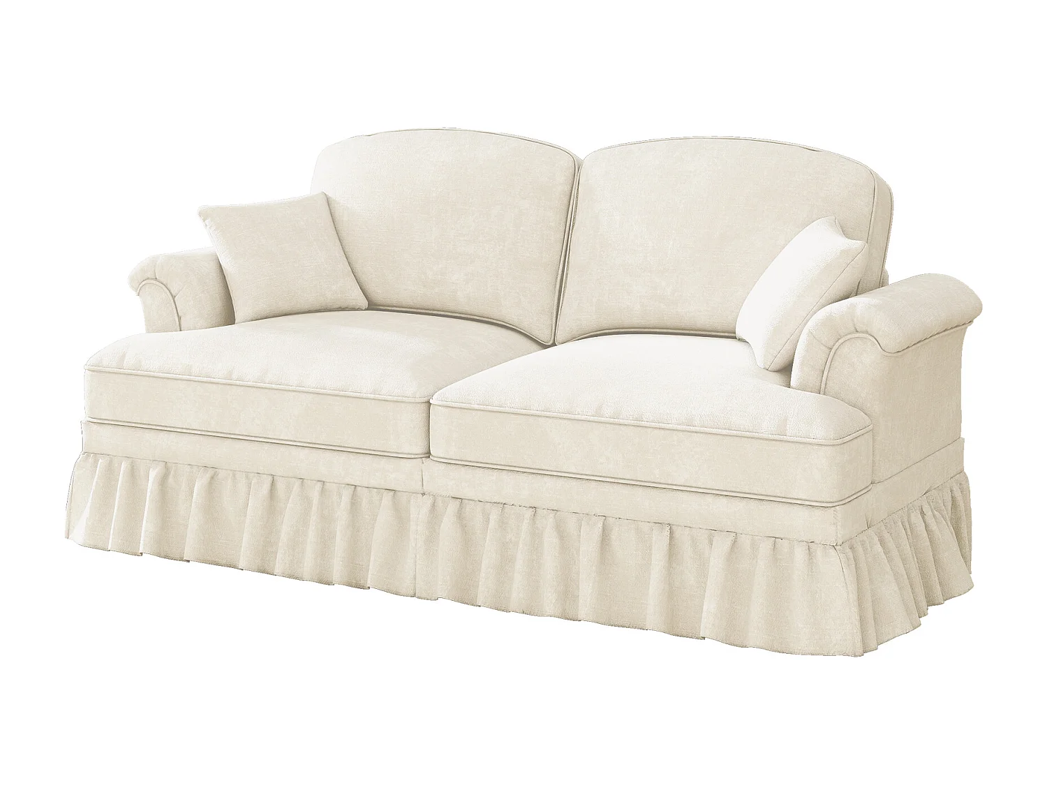 Canapé 2 places avec soutien lombaire et jupe plissée amovible - Tissu chenille - Blanc