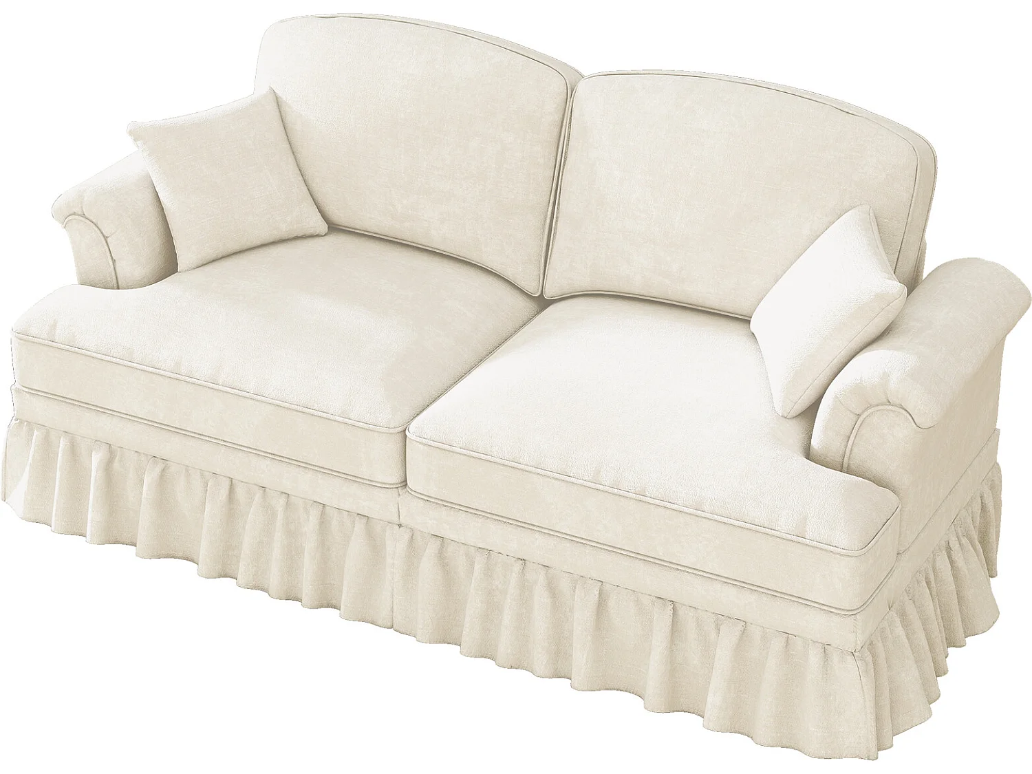 Canapé 2 places avec soutien lombaire et jupe plissée amovible - Tissu chenille - Blanc