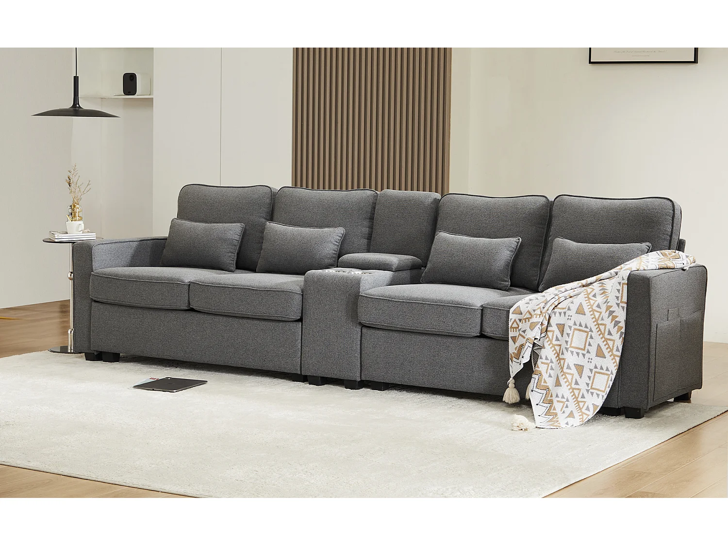 Canapé 4 places avec 2 porte-gobelets, USB, poches et 4 coussins - Tissu lin - Gris foncé