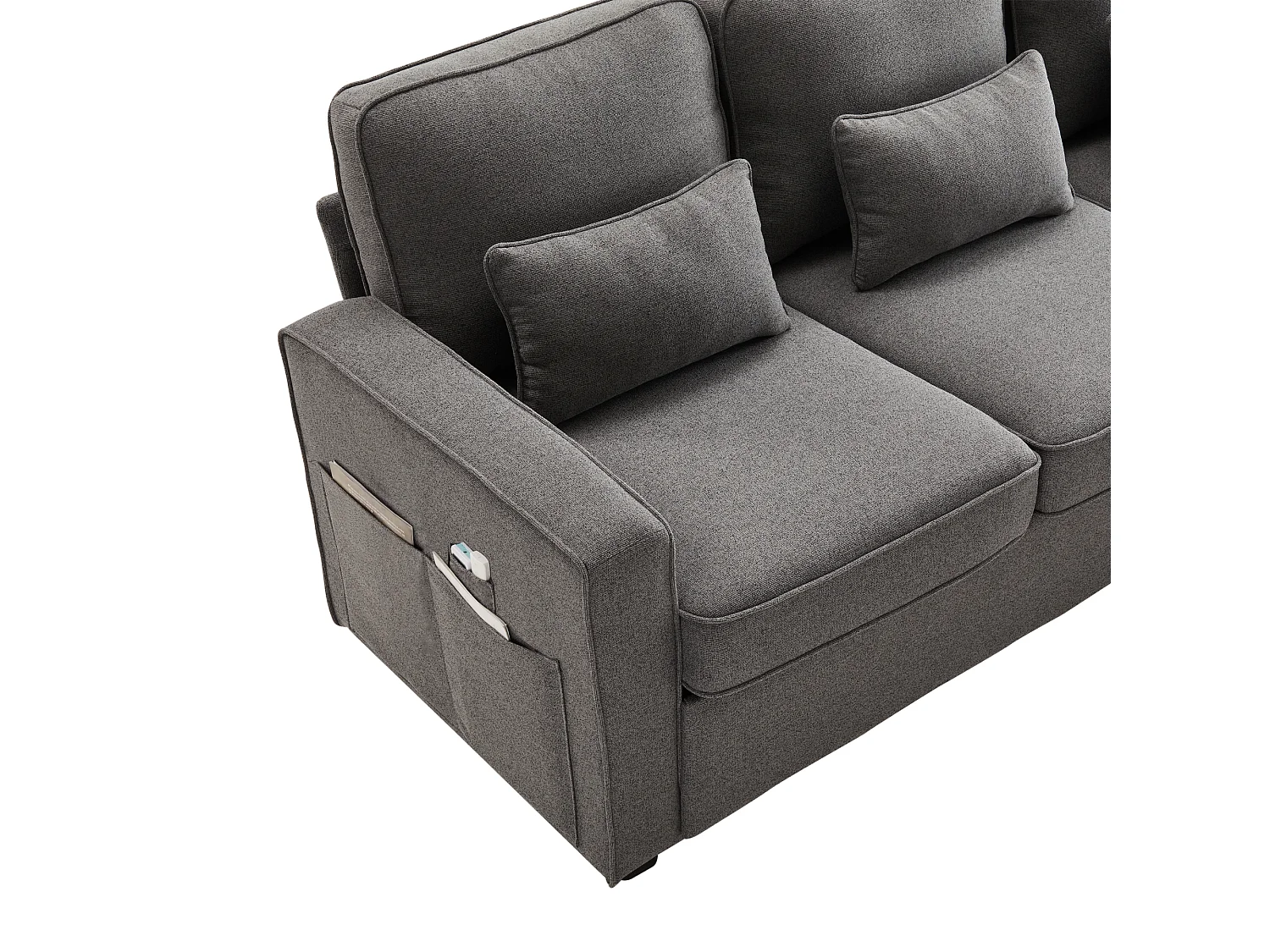 Canapé 4 places avec 2 porte-gobelets, USB, poches et 4 coussins - Tissu lin - Gris foncé